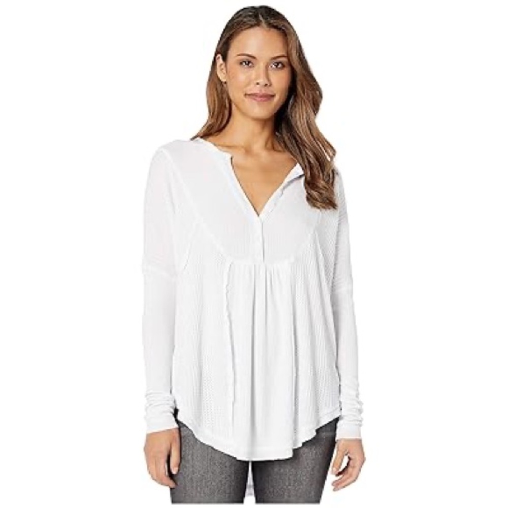 Free People Leo Ribbed Waffle Oversize V-Neck Button Henley Knit Tee | Size XS